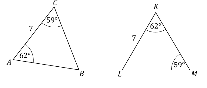 W trójkącie ABC: AC = 7, kąt A = 62°, kąt C = 59°. W trójkącie KLM: KL = 7, kąt K = 62°, kąt M = 59°.