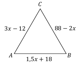 Trójkąt ABC: AC = 3x − 12, BC = 88 − 2x, AB = 1,5x + 18.