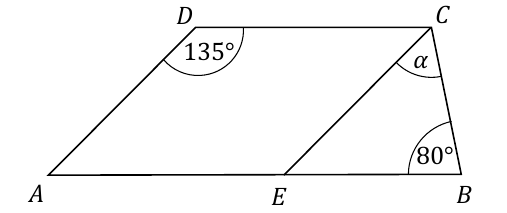 Trapez ABCD: podstawy AB i DC są równoległe. E leży na AB; EC jest równoległy do AD. Kąt ADC ma 135°, kąt EBC ma 80°, α jest kątem ECB.