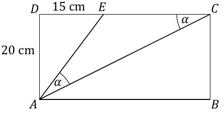 Prostokąt ABCD: AD=20 cm. E leży na DC; DE=15 cm. Odcinki AE i AC dzielą prostokąt na trzy trójkąty. Kąty EAC i ACE są równe.