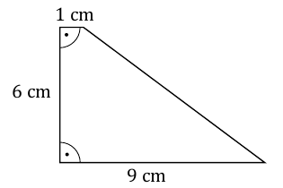 Trapez prostokątny o podstawach 1 cm i 9 cm oraz prostopadłym ramieniu długości 6 cm.