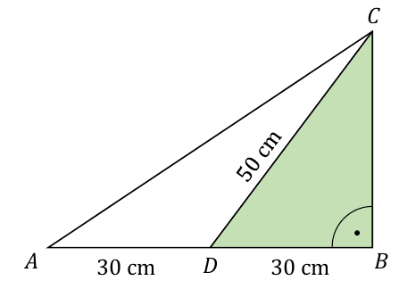 Trójkąt ABC jest prostokątny przy B. A, D, B leżą kolejno na jednym odcinku; AD = DB = 30 cm; DC = 50 cm.