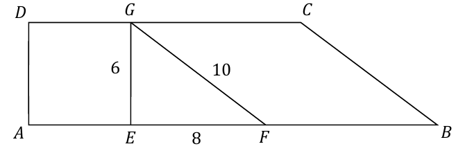 Kwadrat AEGD leży po lewej. Trójkąt EFG ma boki EG = 6, EF = 8, FG = 10. Romb FBCG leży po prawej; A, E, F, B są współliniowe, D, G, C również.