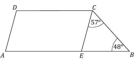 Trapez ABCD z podstawami AB i DC. E leży na AB; AECD jest równoległobokiem. Kąt ABC = 48°, kąt BCE = 57°.