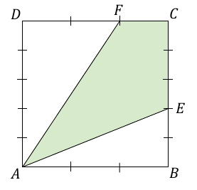 Kwadrat ABCD ma bok 15 cm. F jest drugim punktem podziału CD licząc od D: DF = 10 cm, FC = 5 cm. E jest drugim punktem podziału BC licząc od B: BE = 6 cm, EC = 9 cm. Poprowadzono AE i AF.