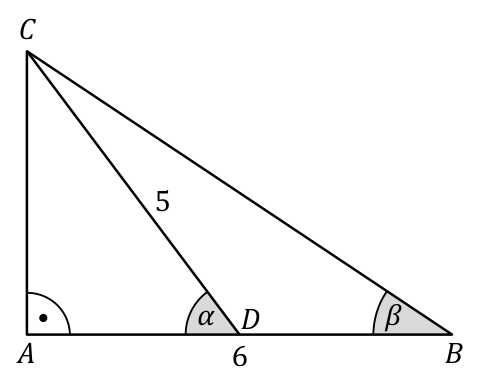 Trójkąt ABC prostokątny przy A, z AB = 6 i CD = 5; D jest środkiem AB. Kąt α przy D, β przy B.