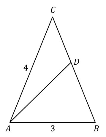 Trójkąt równoramienny ABC z AC = BC = 4 i AB = 3, punktem D na BC oraz odcinkiem AD.