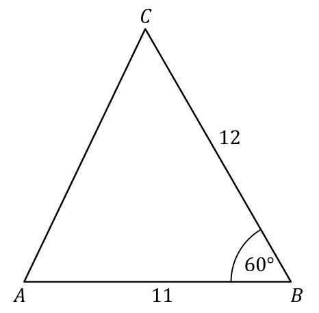 Trójkąt ABC: AB = 11, BC = 12, kąt ABC = 60°.