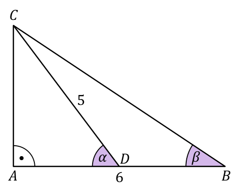 Trójkąt ABC prostokątny przy A, z AB = 6 i środkową CD = 5; D jest środkiem AB. Kąt α przy D, β przy B.