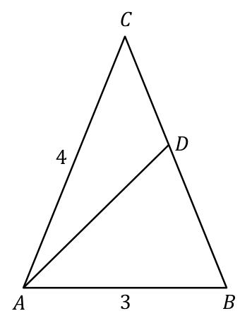 Trójkąt równoramienny ABC z AC = BC = 4 i AB = 3, punktem D na BC oraz odcinkiem AD.