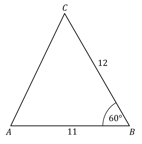Trójkąt ABC: AB = 11, BC = 12, kąt ABC = 60°.